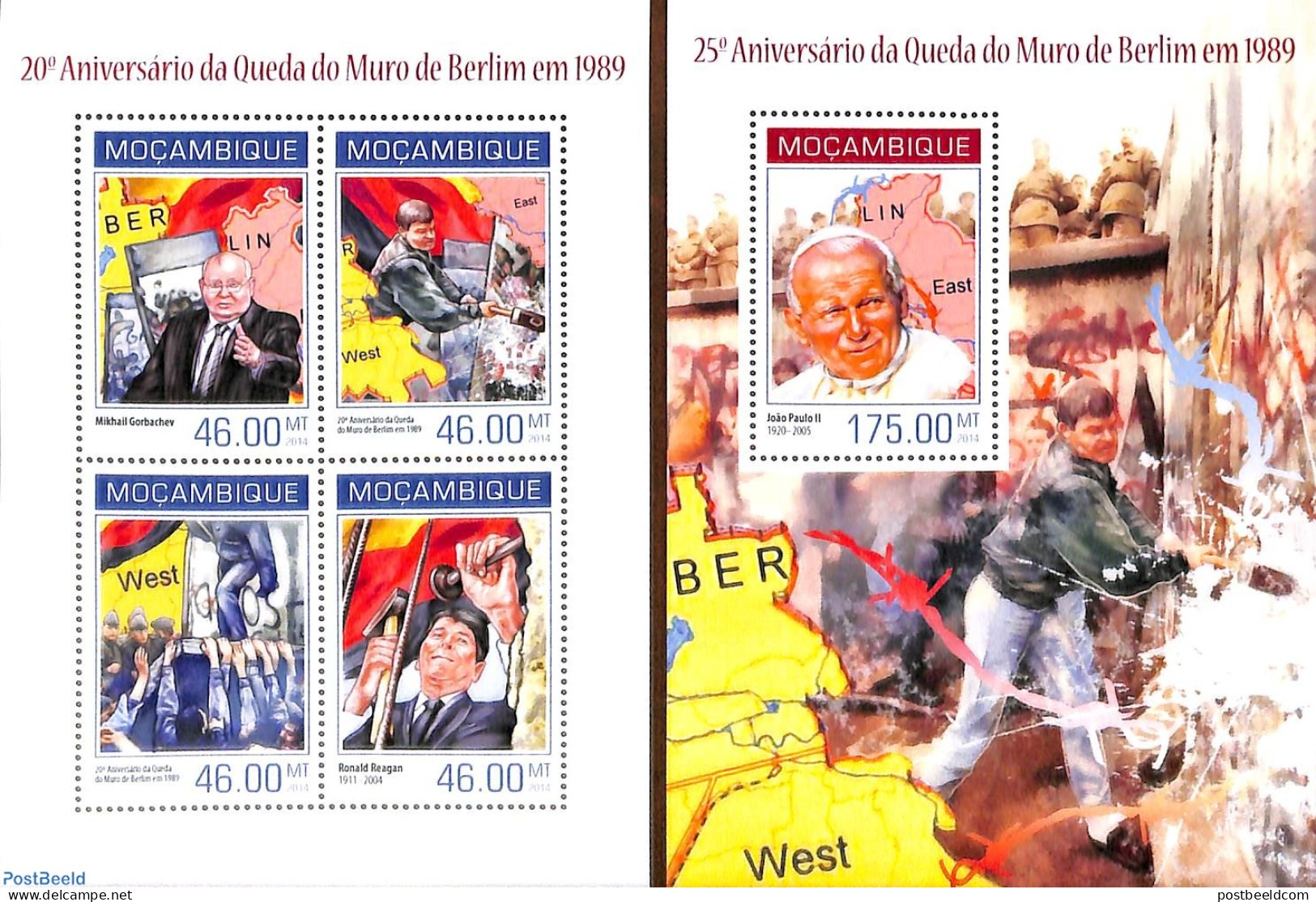 Mozambique 2014 Fall Of The Berlin Wall 2 S/s, Mint NH, History - Various - Germans - History - Maps - Geography