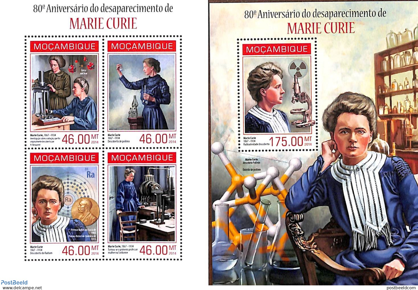Mozambique 2014 Marie Curie 2 S/s, Mint NH, History - Science - Nobel Prize Winners - Atom Use & Models - Physicians - Prix Nobel