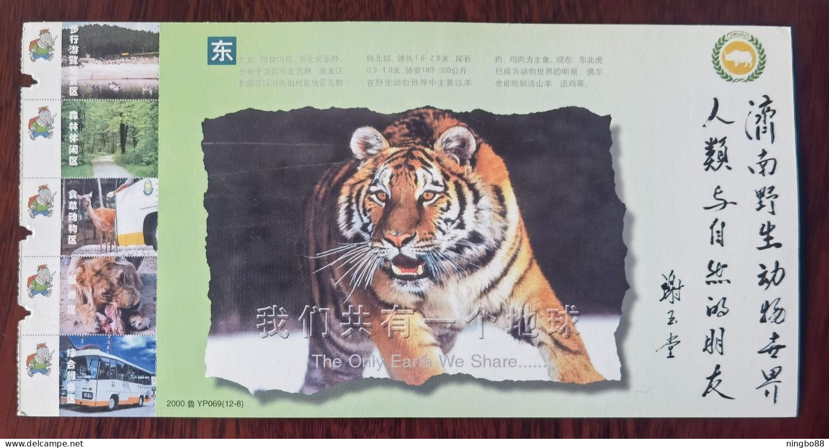 The Only Earth We Share,South China Tiger,China 2000 Ji'nan Wildlife Animal Zoo Admission Ticket Pre-stamped Card - Felinos