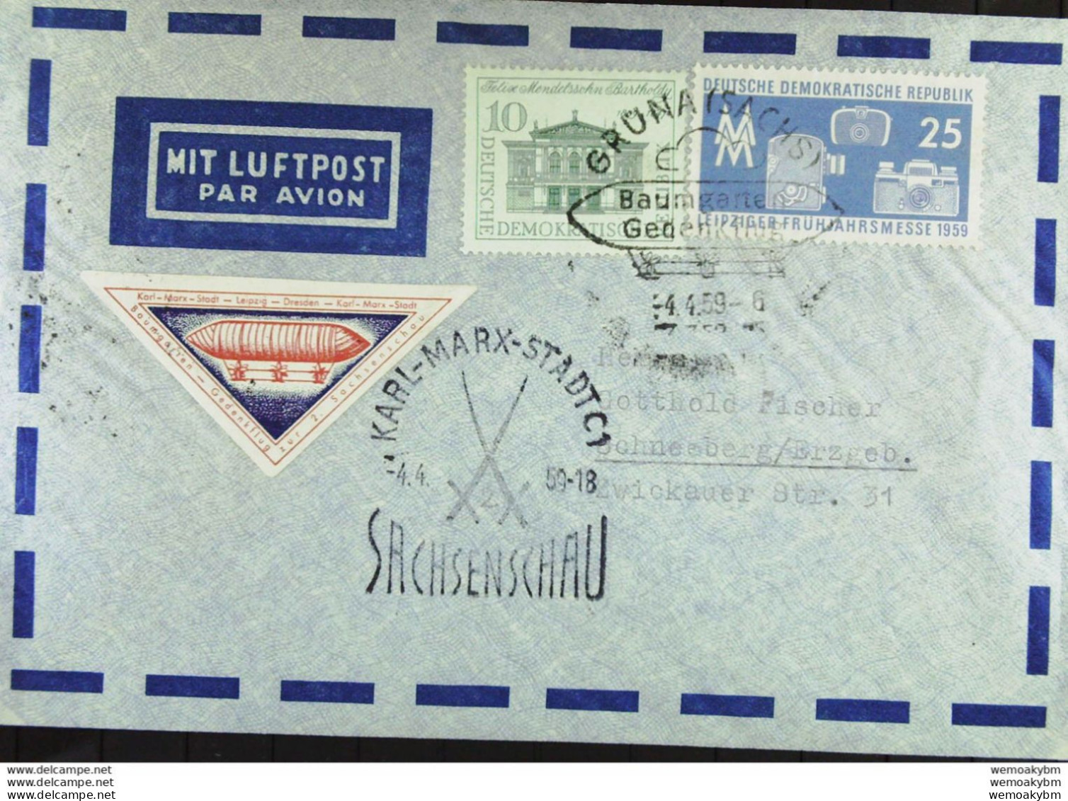 DDR: Luftpost-Brief Mit SoSt. Aus GRÜNA (SACHS) Zum Baungarten-Gedenkflug Auf 2. Sachsenschau Karl-Marx-Stadt 4.4.59 - Airmail