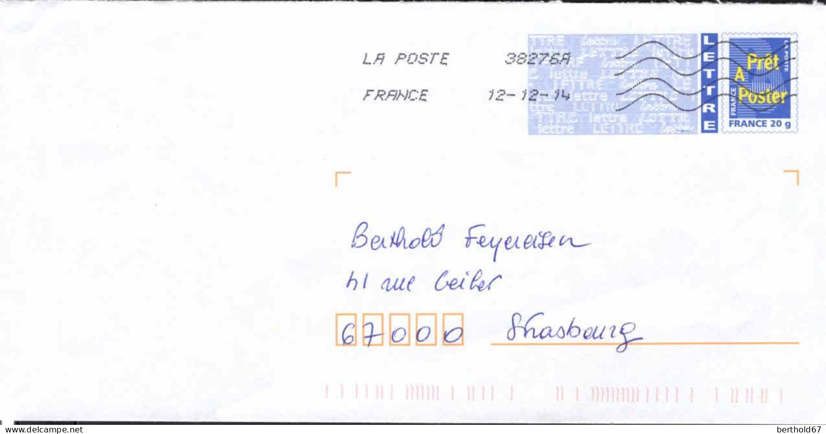 France Entier-P Obl (5071) PAP Fond De Sécurité Bleu Long (Lign.Ondulées & Code ROC) 38276A 12-12-14 B2K/06U373 - PAP: Aufdrucke/Blaues Logo