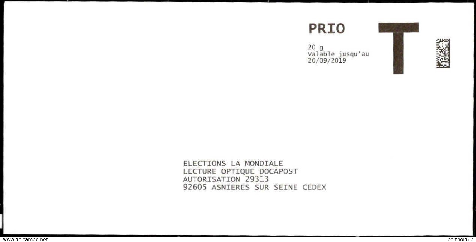 France Entier-P N** (7023) La Mondiale Autorisation 29313 Prio 20g Val.20/9/2019 - Karten/Antwortumschläge T