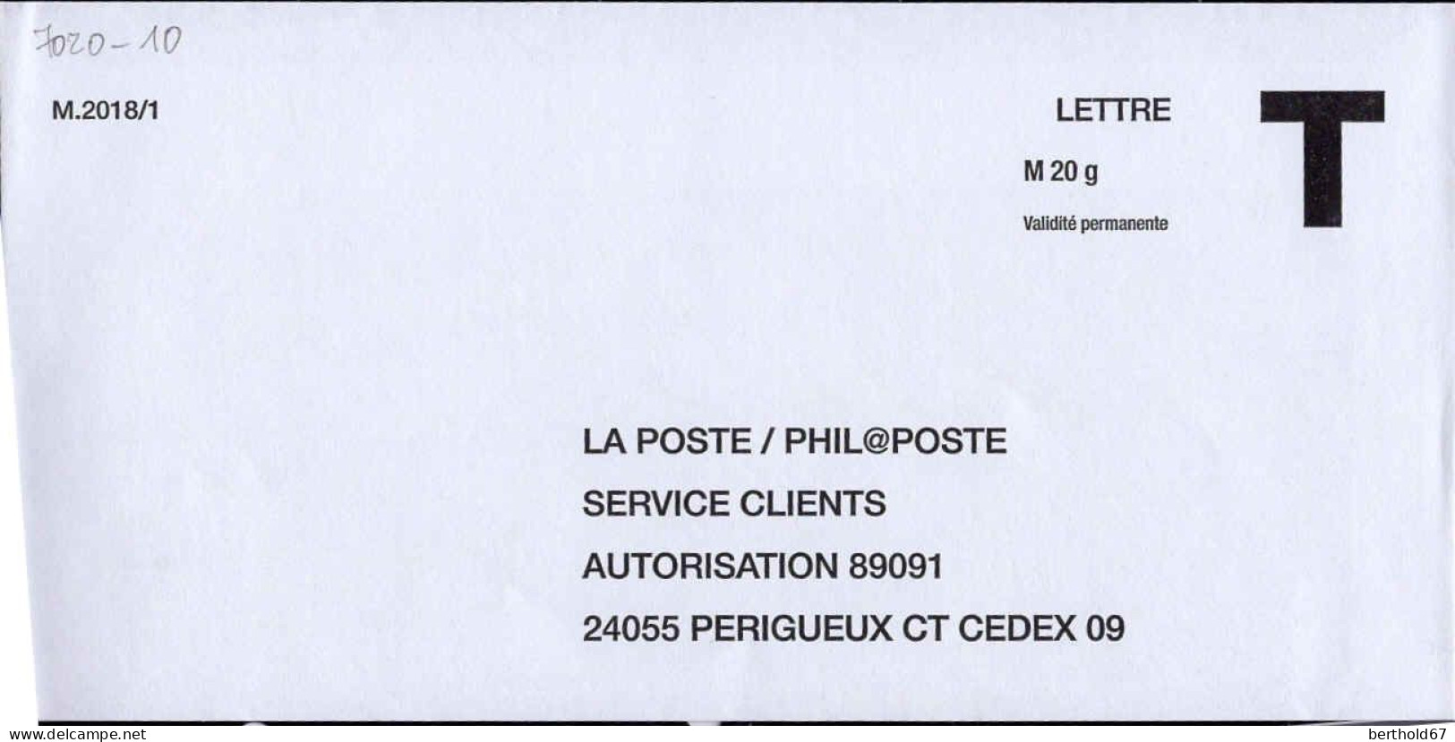 France Entier-P N** (7020) La Poste Philaposte Aurorisation 89091 Lettre M20g VP M.2018/1 - Cartes/Enveloppes Réponse T
