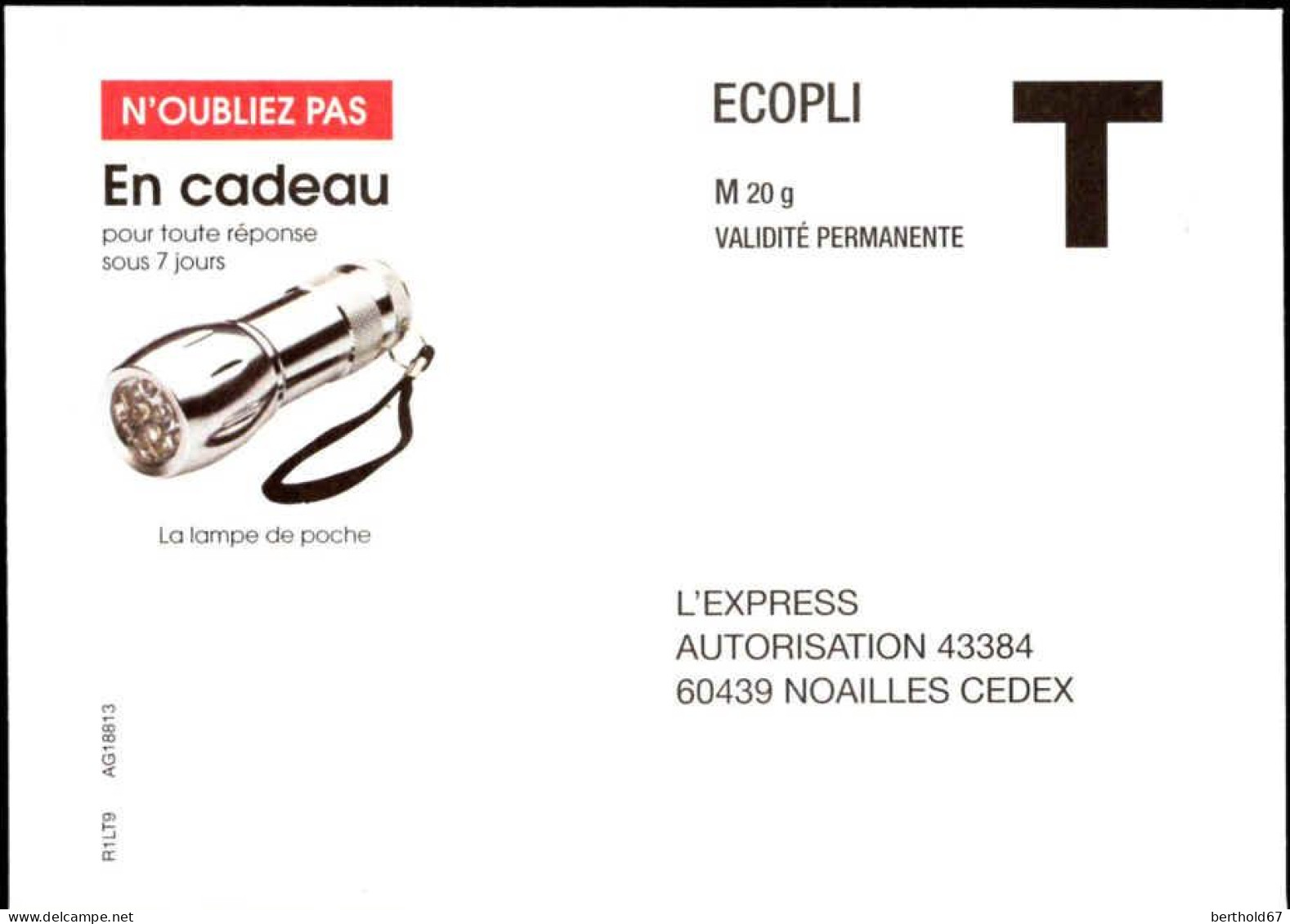 France Entier-P N** (7017) L'Express Autorisation 43384 Ecopli M20g V.permanente - Cards/T Return Covers