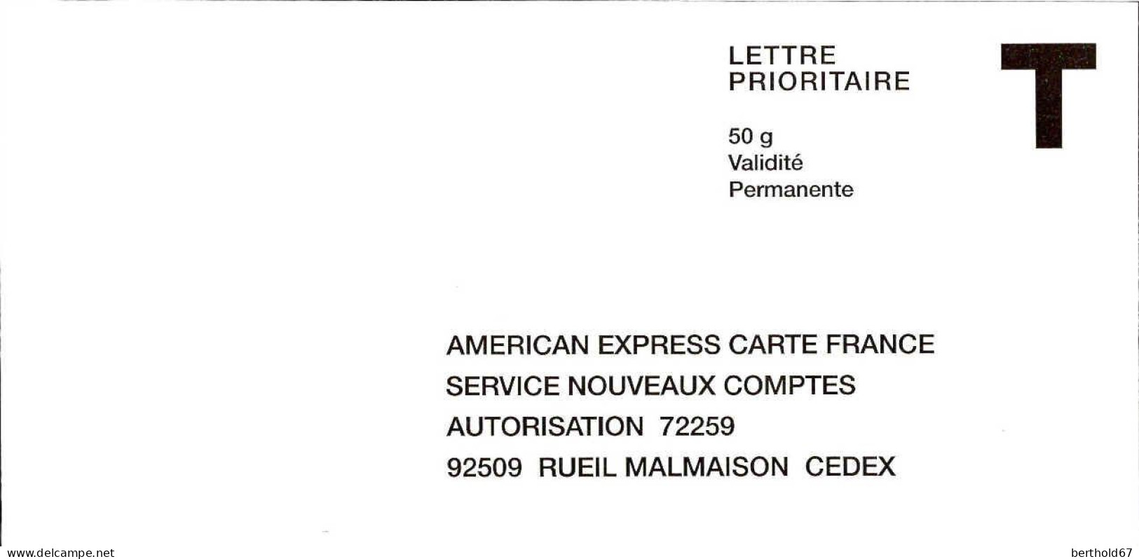 France Entier-P N** (7007) American Express Carte France Lettre Prioritaire 50g V.perma - Buste Risposta T