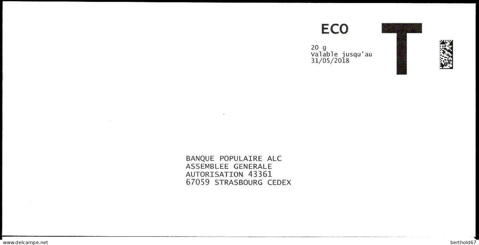France Entier-P N** (7001) Banque Populaire ALC T Eco 20g Val.31-05-2018 - Cartes/Enveloppes Réponse T