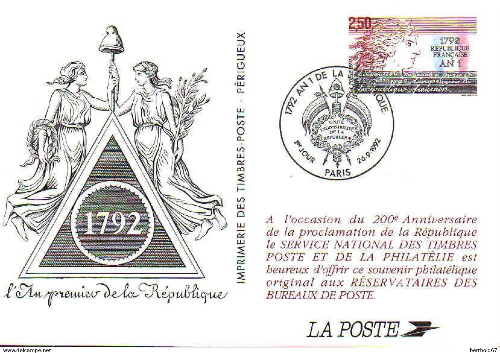 France Entier-P Carte Yv:2771-CP 1792 An 1 - Official Stationery