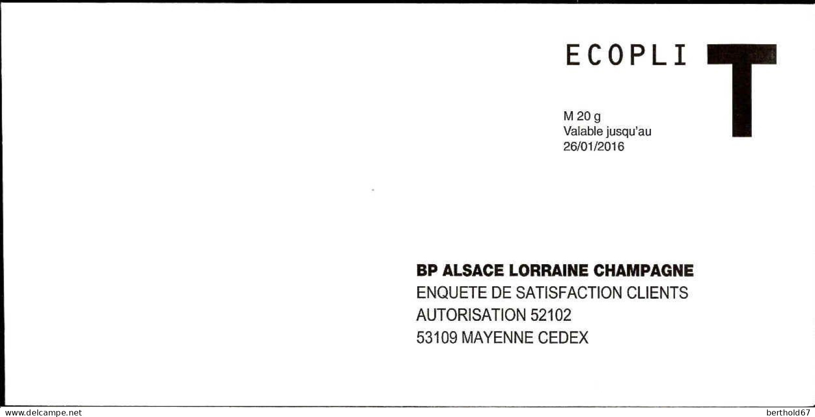 France Entier-P N** (7000) BP Alsace Lorraine Champagne Ecopli M20g Val.21-06-2016 - Buste Risposta T