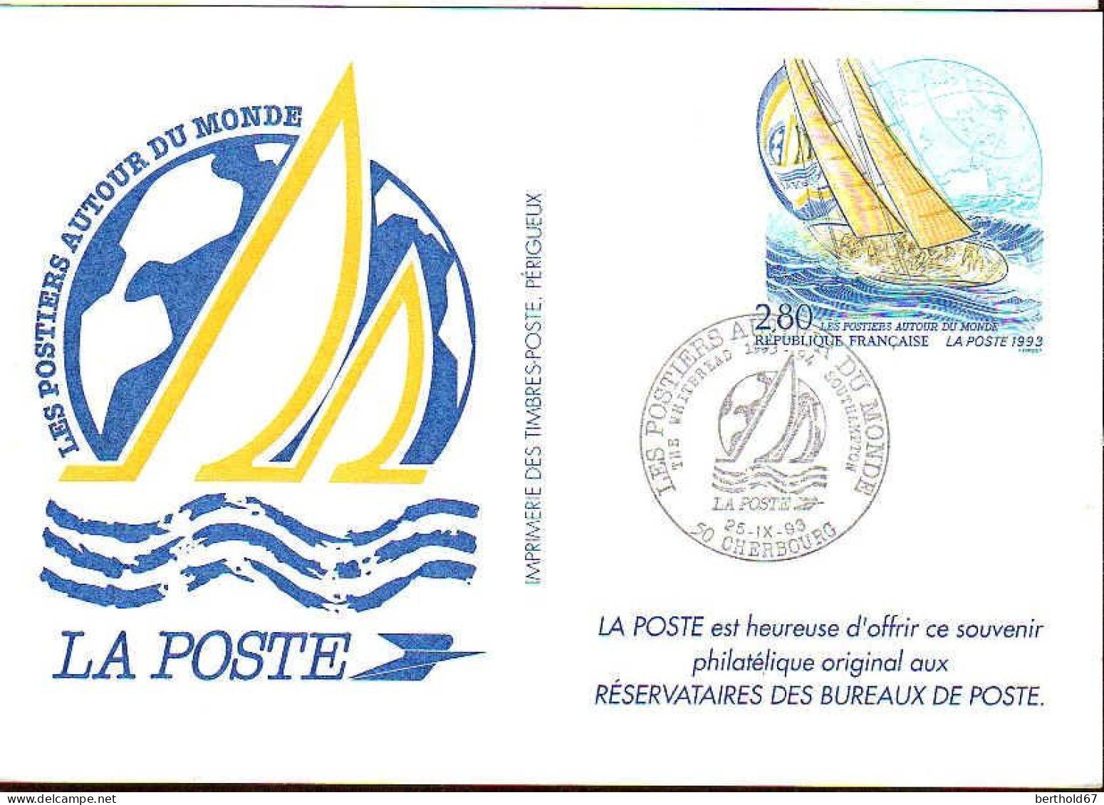 France Entier-P Carte Yv:2831-CP1A Les Postiers Autour Du Monde Cherbourg 25-09-93 - Official Stationery