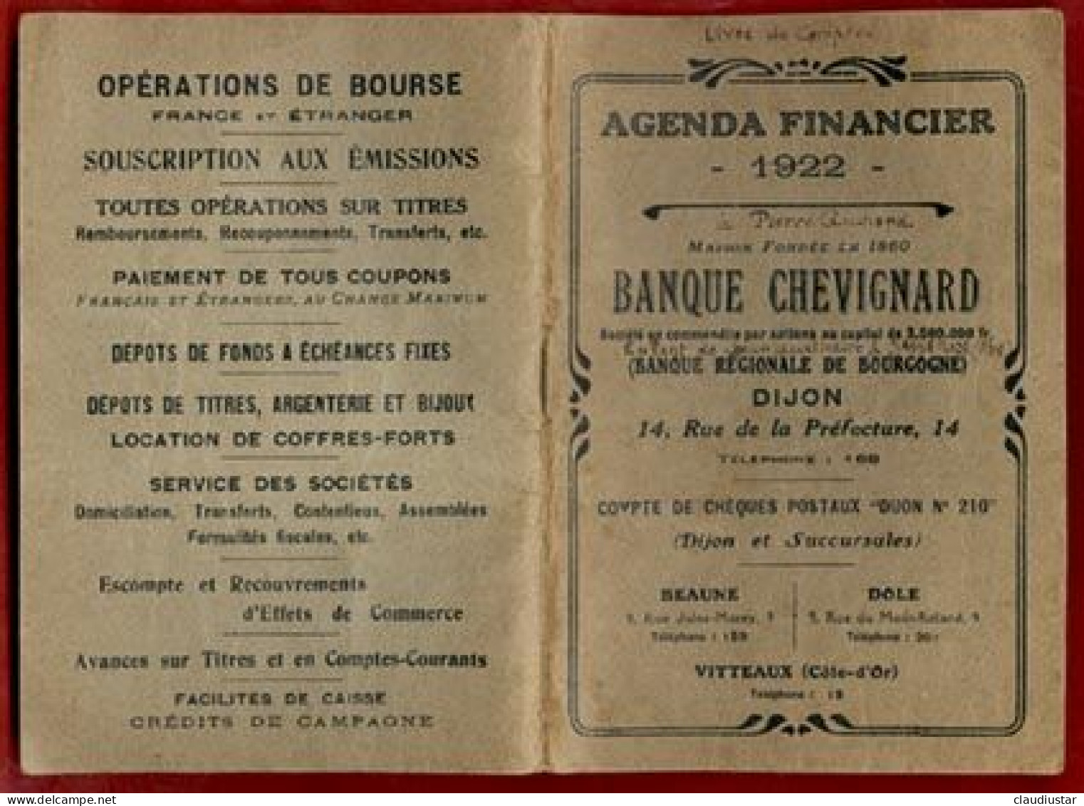 ** AGENDA  FINANCIER  1922  -  BANQUE  CHEVIGNARD  DIJON ** - Agendas Vierges