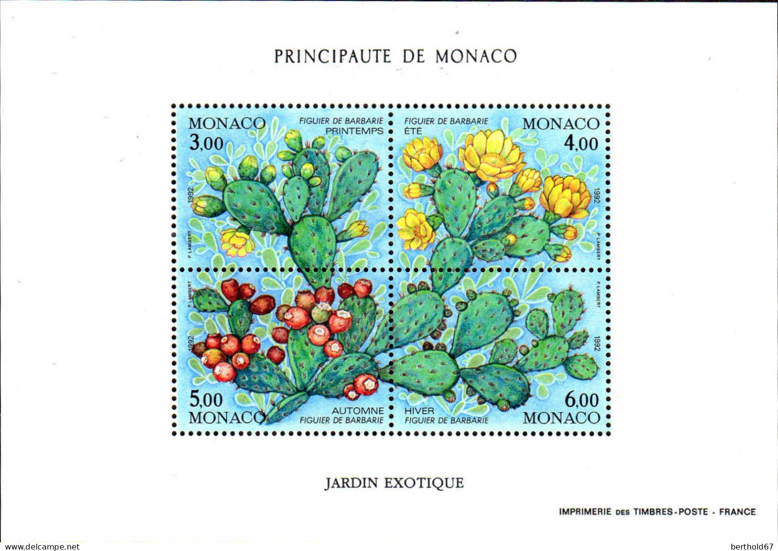 Monaco Bloc N** Yv:55 Les 4 Saisons Du Figuier De Barbarie (Thème) - Sukkulenten