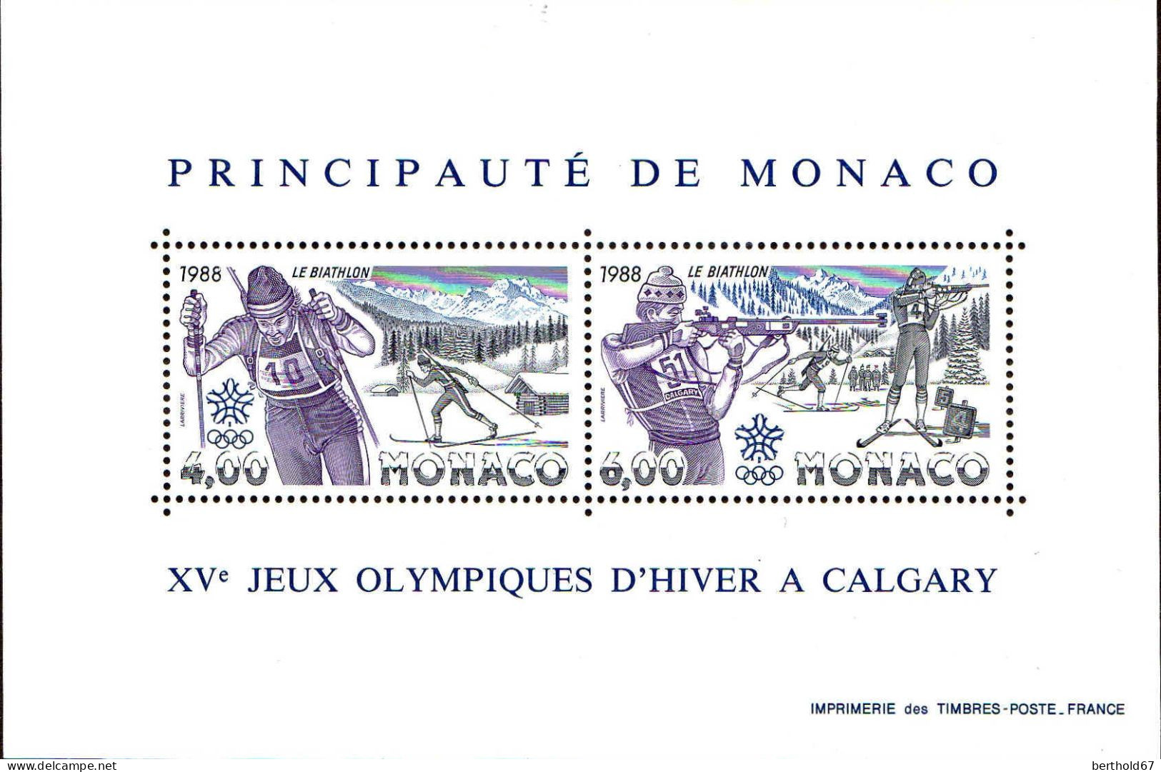 Monaco Bloc N** Yv:40 Mi:38 15.Jeux Olympiques D'hiver Calgary Biathlon (Thème) - Hiver 1988: Calgary