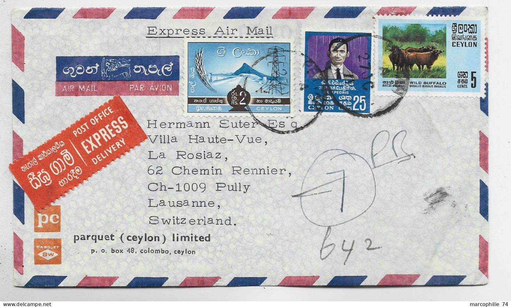 CEYLON 25C+5C+2RS LETTRE COVER EXPRES AIR MAIL 1971 TO SUISSE - Sri Lanka (Ceylon) (1948-...)