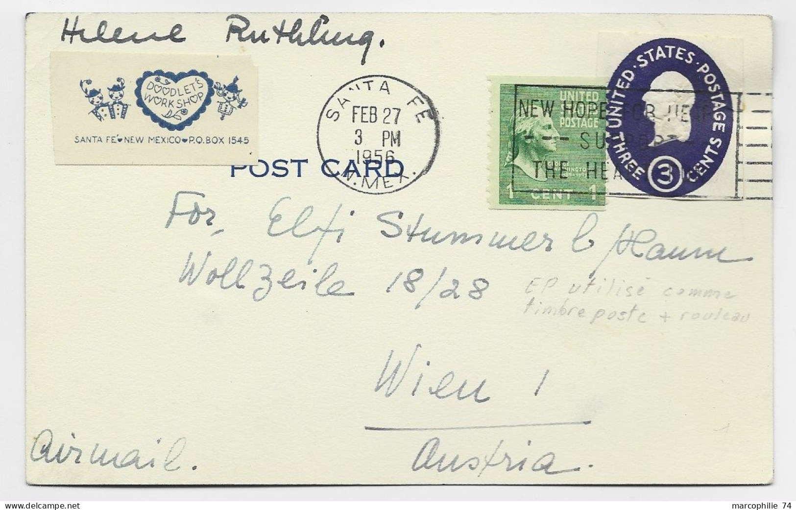 ETATS UNIS USA ENTIER 3C DECOUPE +1C CARD SANTA FE FEB 27 1956 TO AUSTRIA - Briefe U. Dokumente