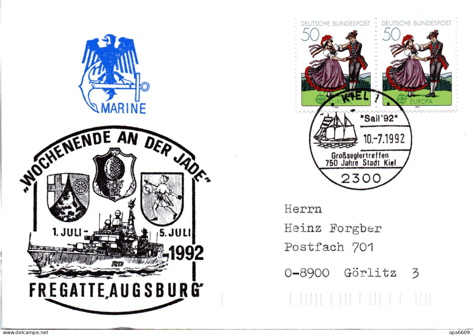 (Freg3) BRD Cachetumschlag FREGATTE "AUGSBURG" F213  WOCHENENDE AN DER JADE" MeF BRD SSt 10.7.92 KIEL 1 - Schiffe