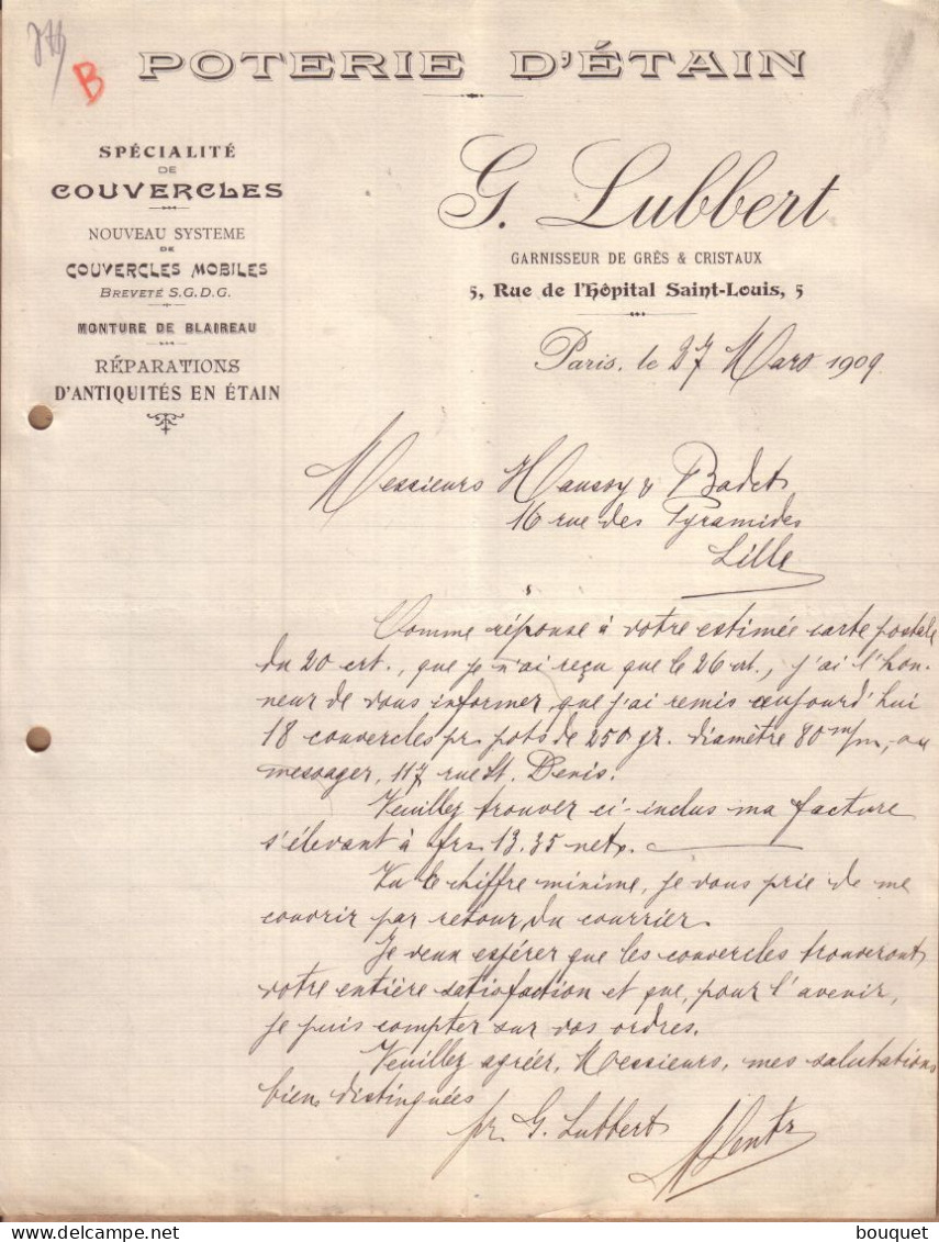 PARIS - POTERIE D' ETAIN , SPECIALITE COUVERCLES , REPARATIONS - G. LUBBERT - LETTRE - 1909 - 1900 – 1949