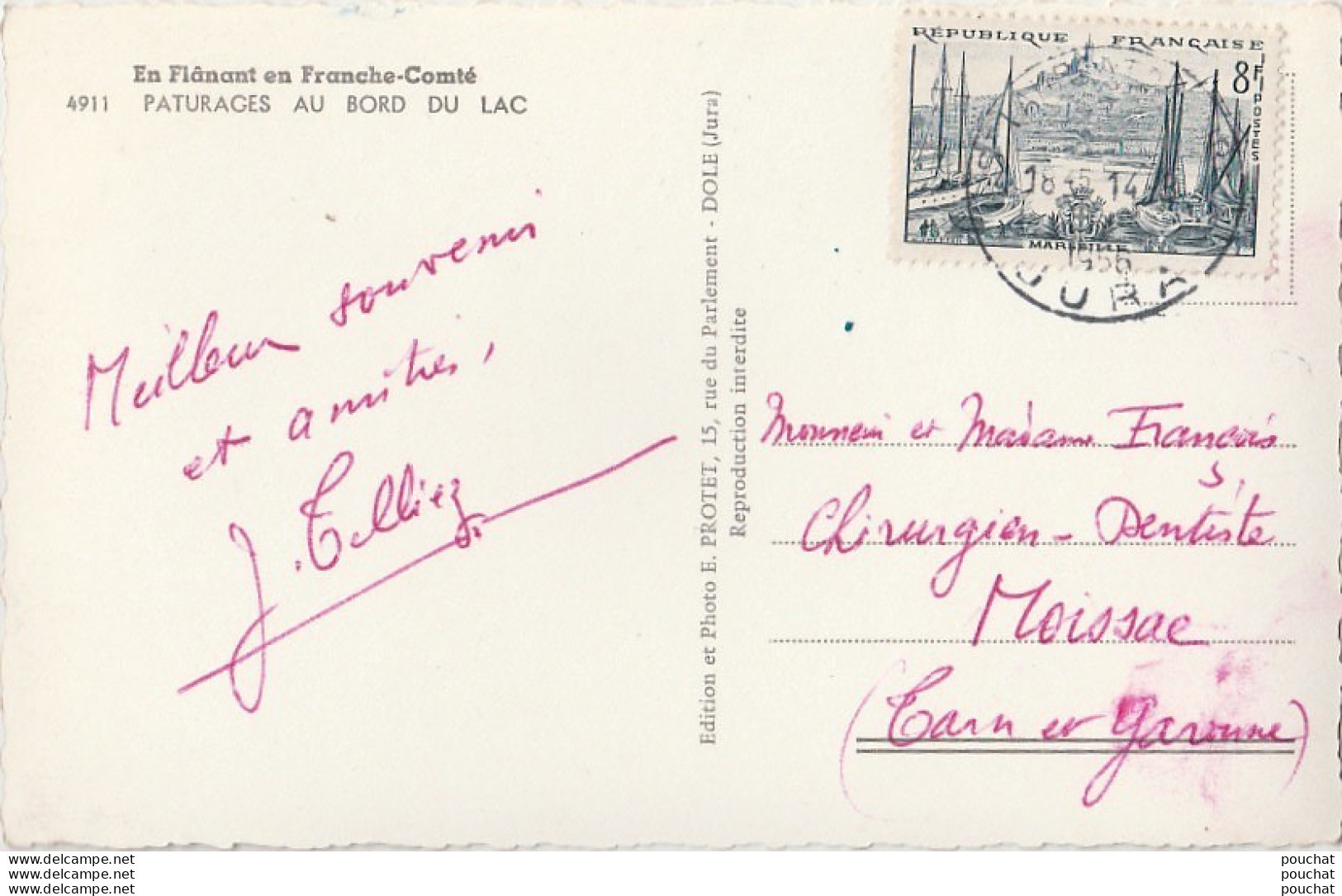 E19- 25) EN FLANANT EN FRANCHE COMTÉ - PATURAGES AU BORD DU LAC - (VACHES - OBLITERATION 1956 - 2 SCANS) - Franche-Comté