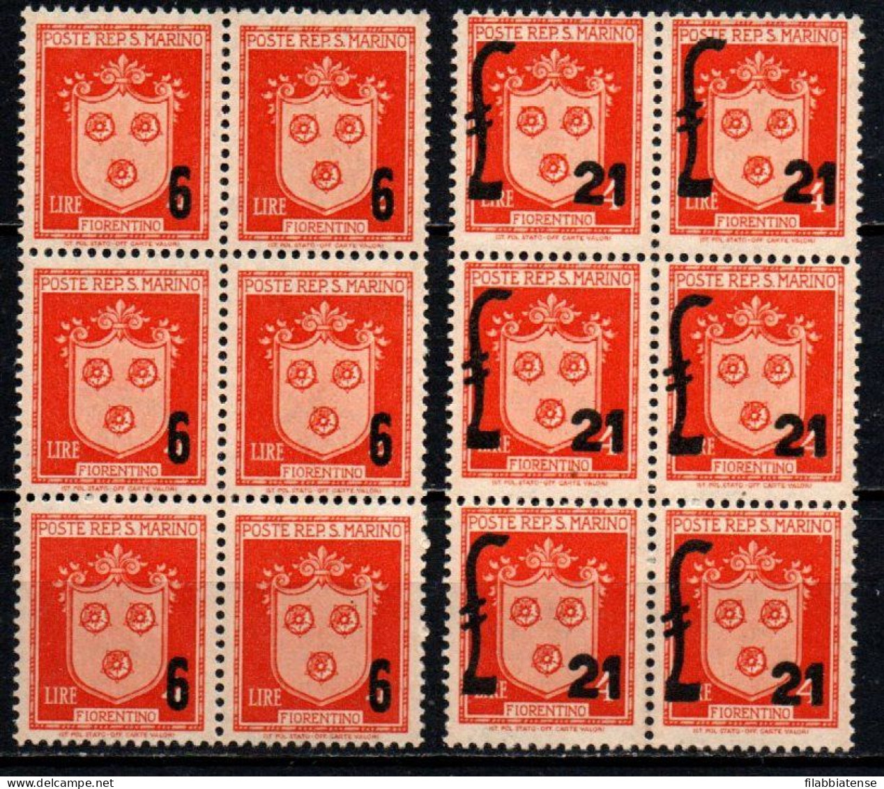 1947 - San Marino 310/11 Soprastampato - Blocco Di 6  ++++++ - Unused Stamps