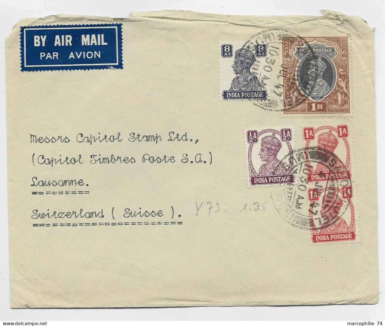 INDIA 1R +8AS+1/2 AS+ 1AX2 LETTRE COVER AIR MAIL SAVOY HOTEL 1947 TO SUISSE - 1936-47  George VI
