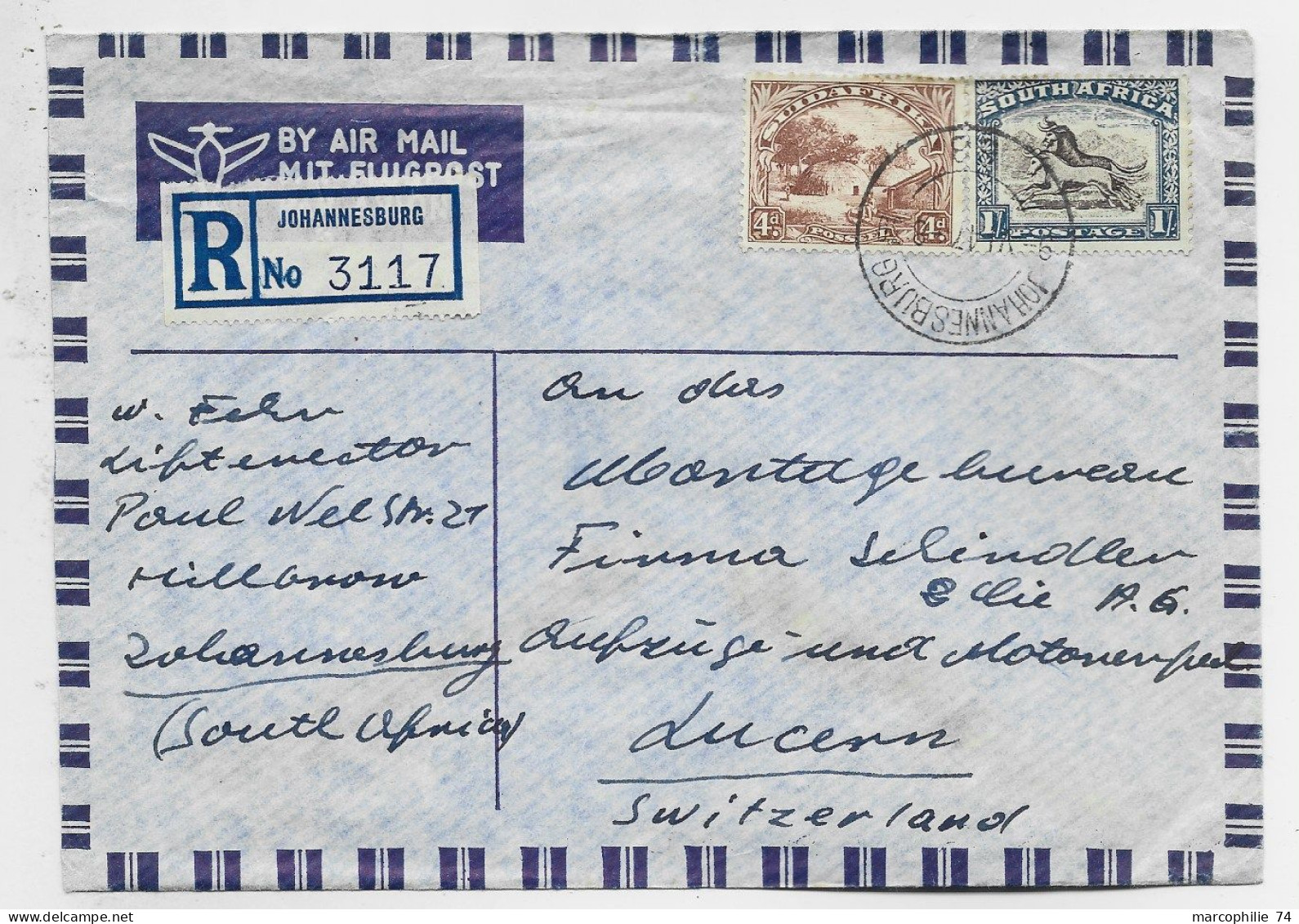 SOUTH AFRICA 4D+1/ LETTRE COVER AIR AMIL REC JOHANNESBURG 1947 TO SUISSE - Lettres & Documents