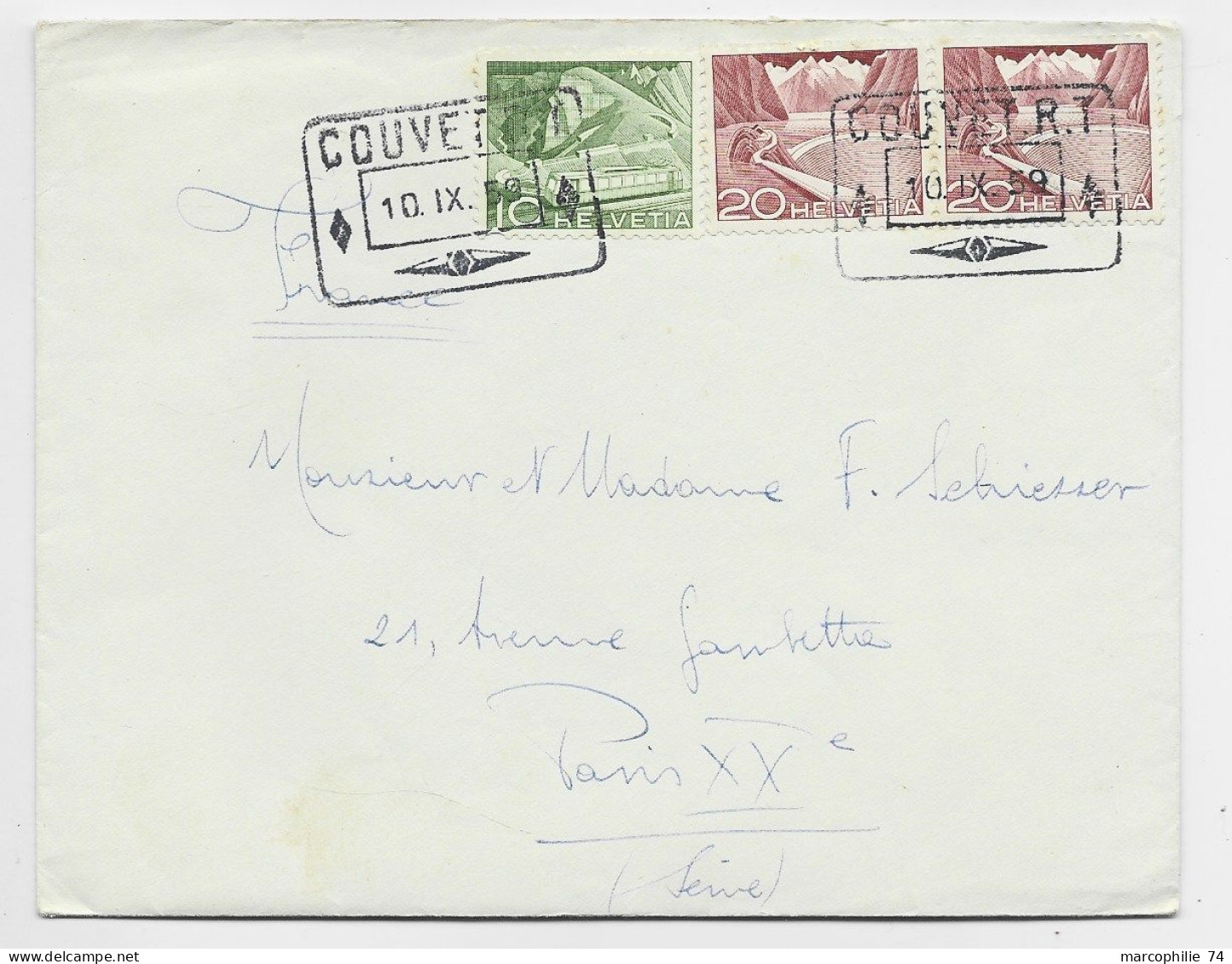 HELVETIA SUISSE 10C+20C X2 LETTRE COVER RECTANGLE COUVET R.T. 10.IX .1959 TO FRANCE - Brieven En Documenten