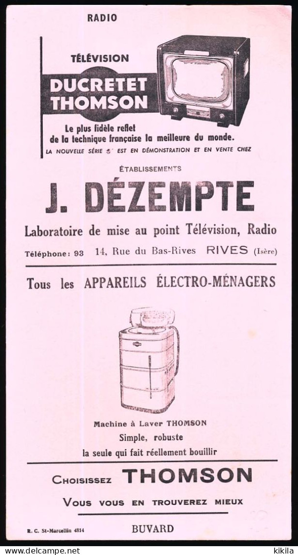 Buvard 12,7 X 24 Ets J. DEZEMPTE Rives Isère Radio, Télévision Ducretet Thomson Electro Ménagers Thomson Noir / Rose - Electricidad & Gas