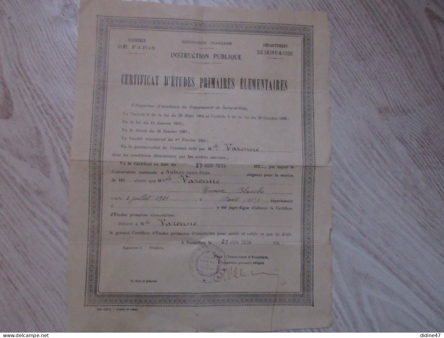 CERTIFICAT D' ETUDES PRIMAIRES ÉLÉMENTAIRES 1934 - Diplomi E Pagelle
