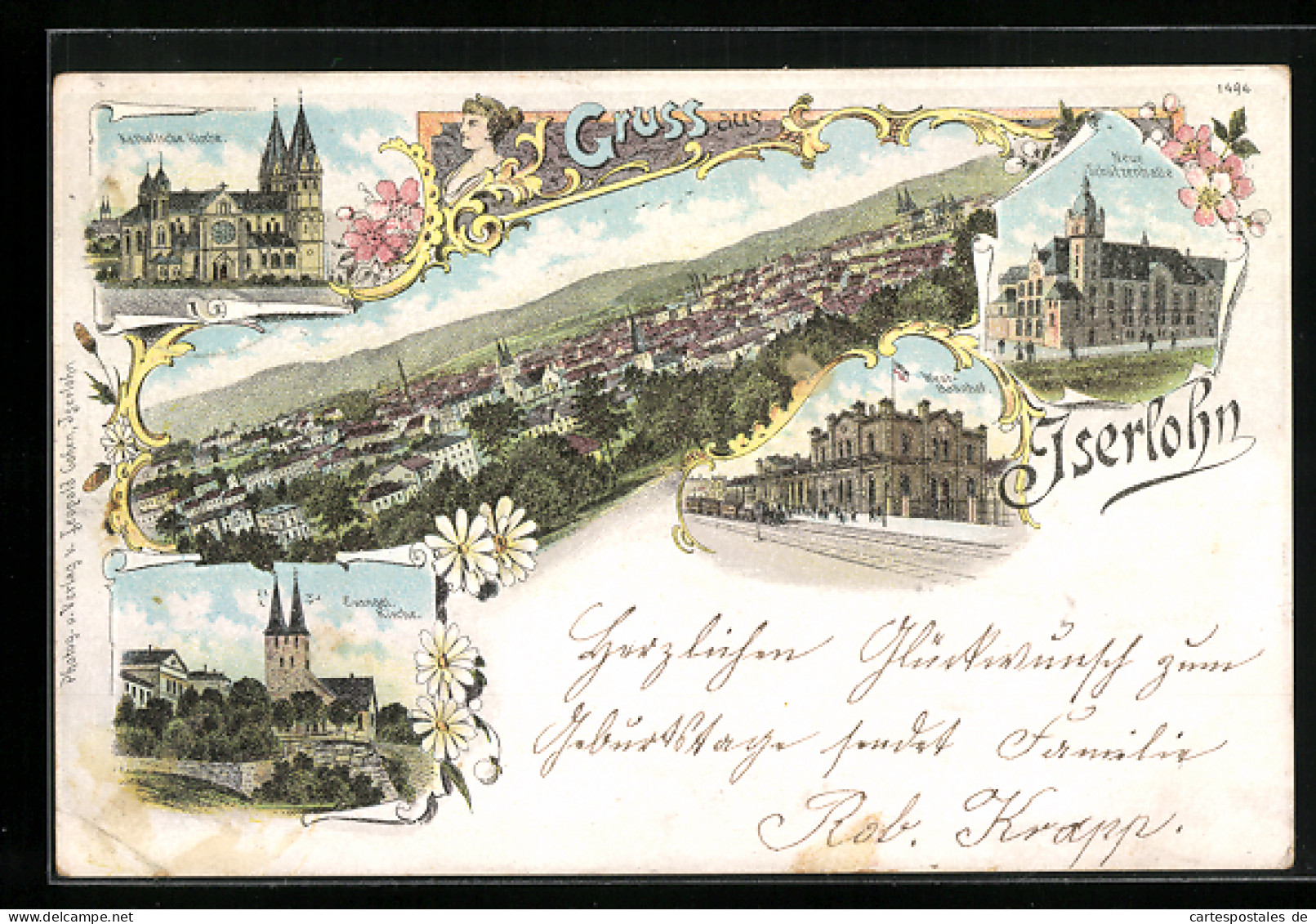 Lithographie Iserlohn, Kath. Kirche, Evang. Kirche, Westbahnhof  - Iserlohn