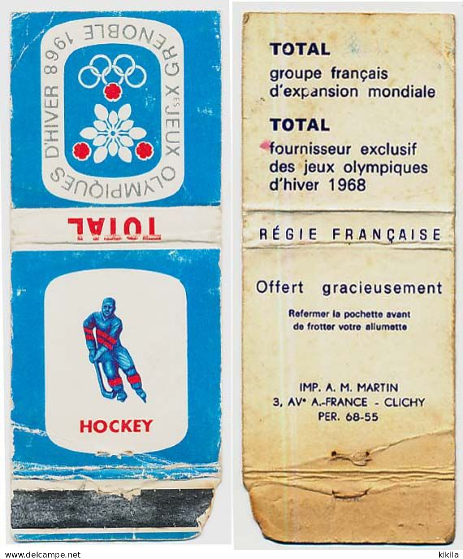 Pochette D'allumette Vidée TOTAL BLEU HOCKEY Sur GLACE Xèmes Jeux Olympiques D'Hiver De GRENOBLE 1968 Olympic Games 68 - Matchboxes