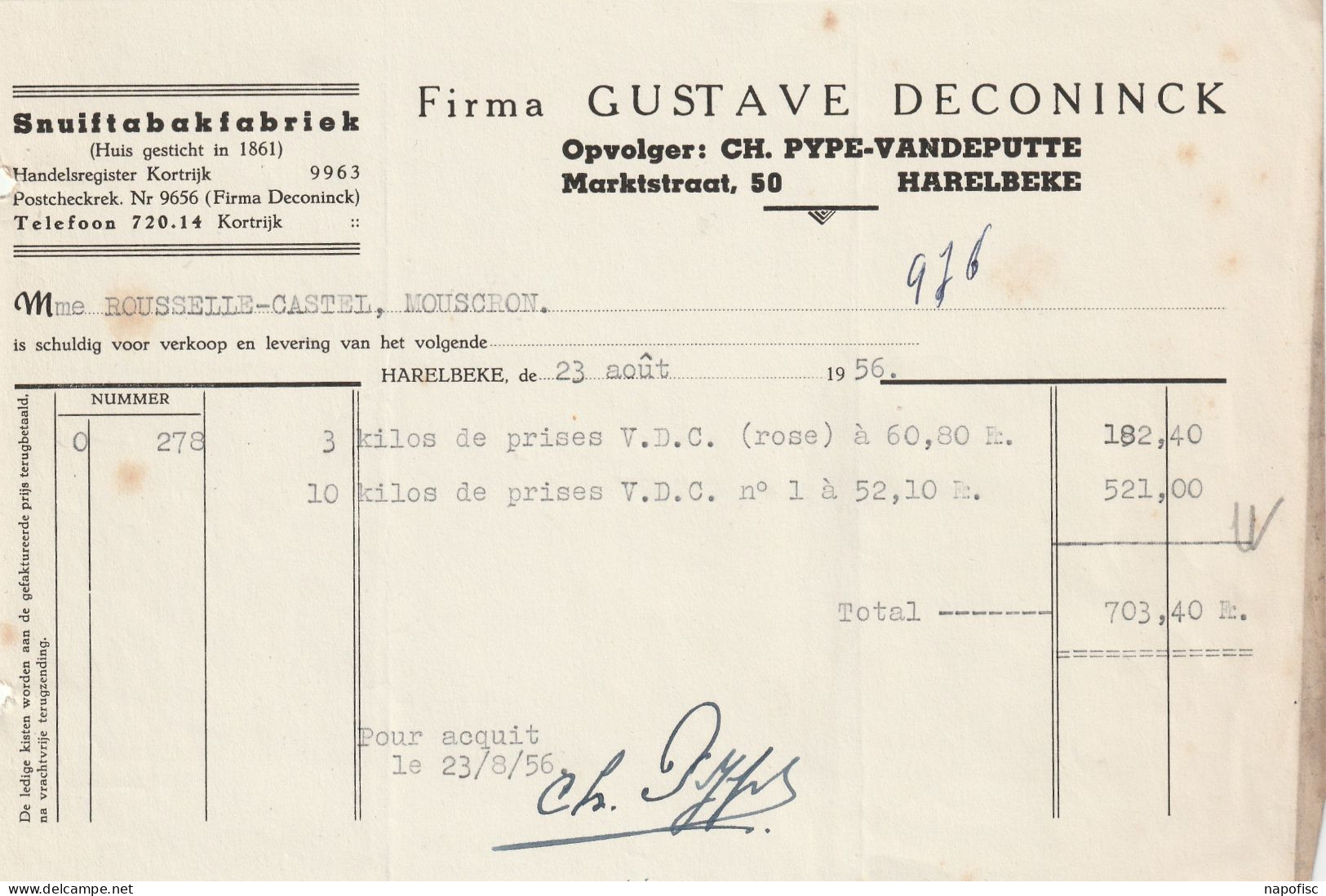 104-Firma G.Deconinck..Snuiftabakfabriek...Harelbeke..Belgique-Belgie..1956 - Otros & Sin Clasificación