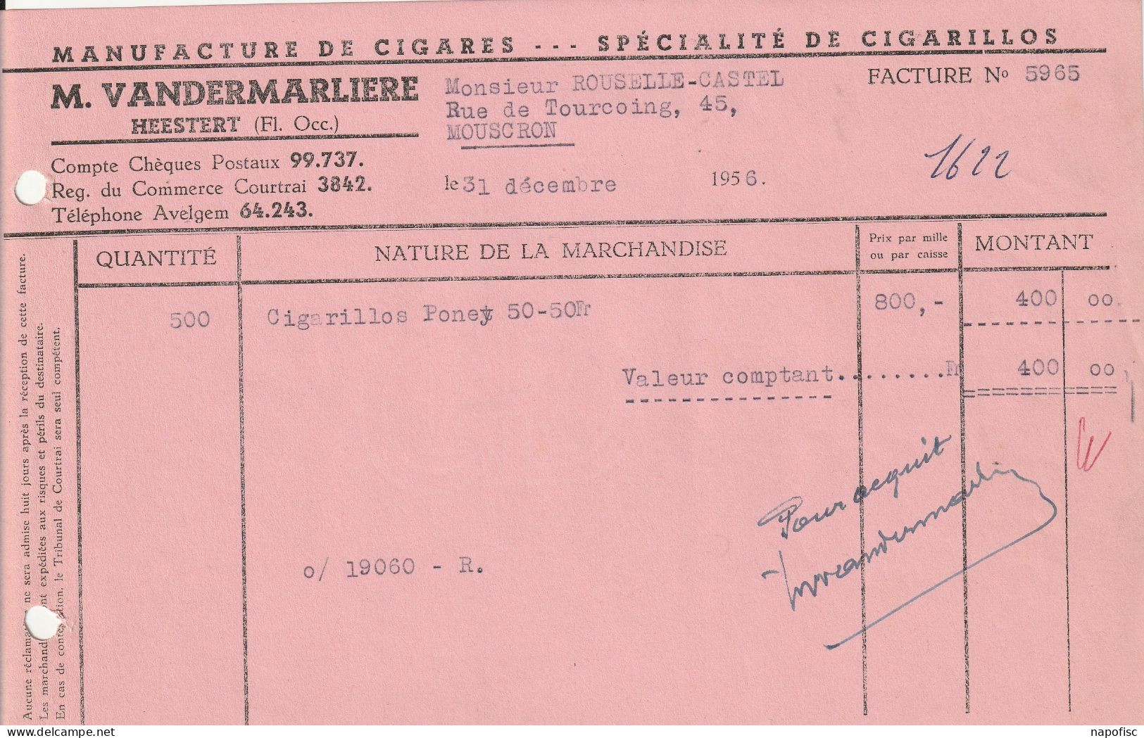 104-M.Vandermarliere...Manufacture De Cigares, Spécialité De Cigarillos....Heestert.....Belgique-Belgie..1956 - Other & Unclassified