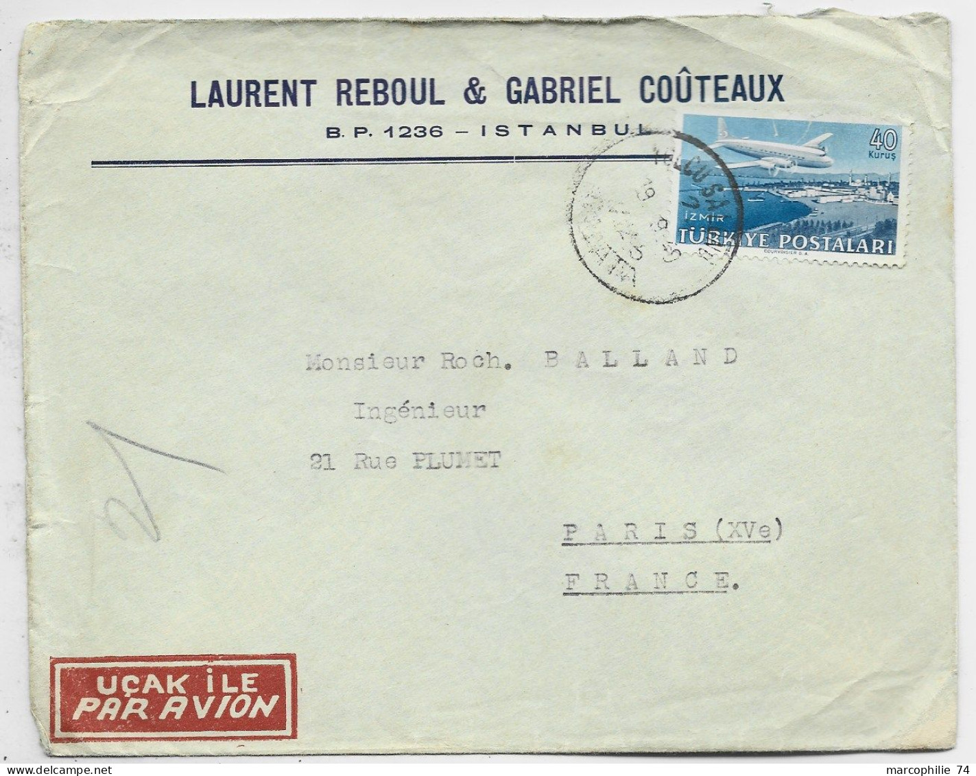 TURKEY TURQUIE PA 40 KURUS SOLO LETTRE COVER AVION ISTANBUL 1949 TO FRANCE - Briefe U. Dokumente