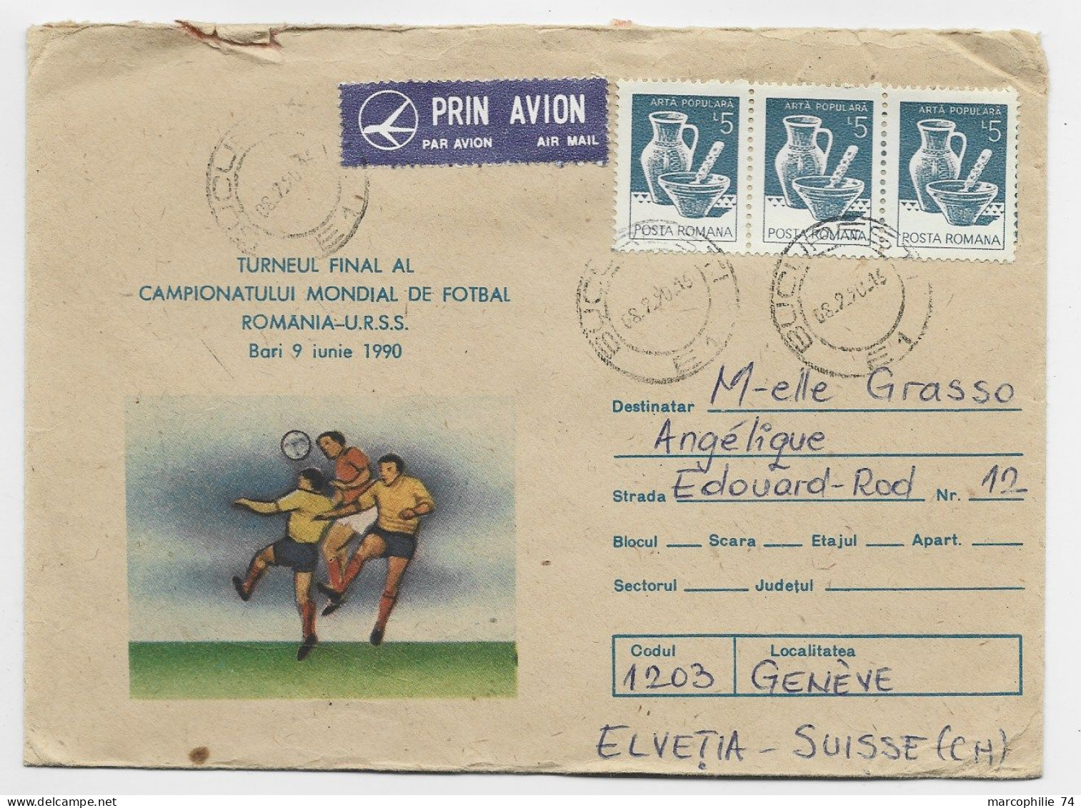 ROMANIA 5LX3 LETTRE COVER AVION BUCURESTI 1990 CAMPION MONDIAL FOOTBALL SOCCER ROMANIA URSS TO GENEVE - Storia Postale