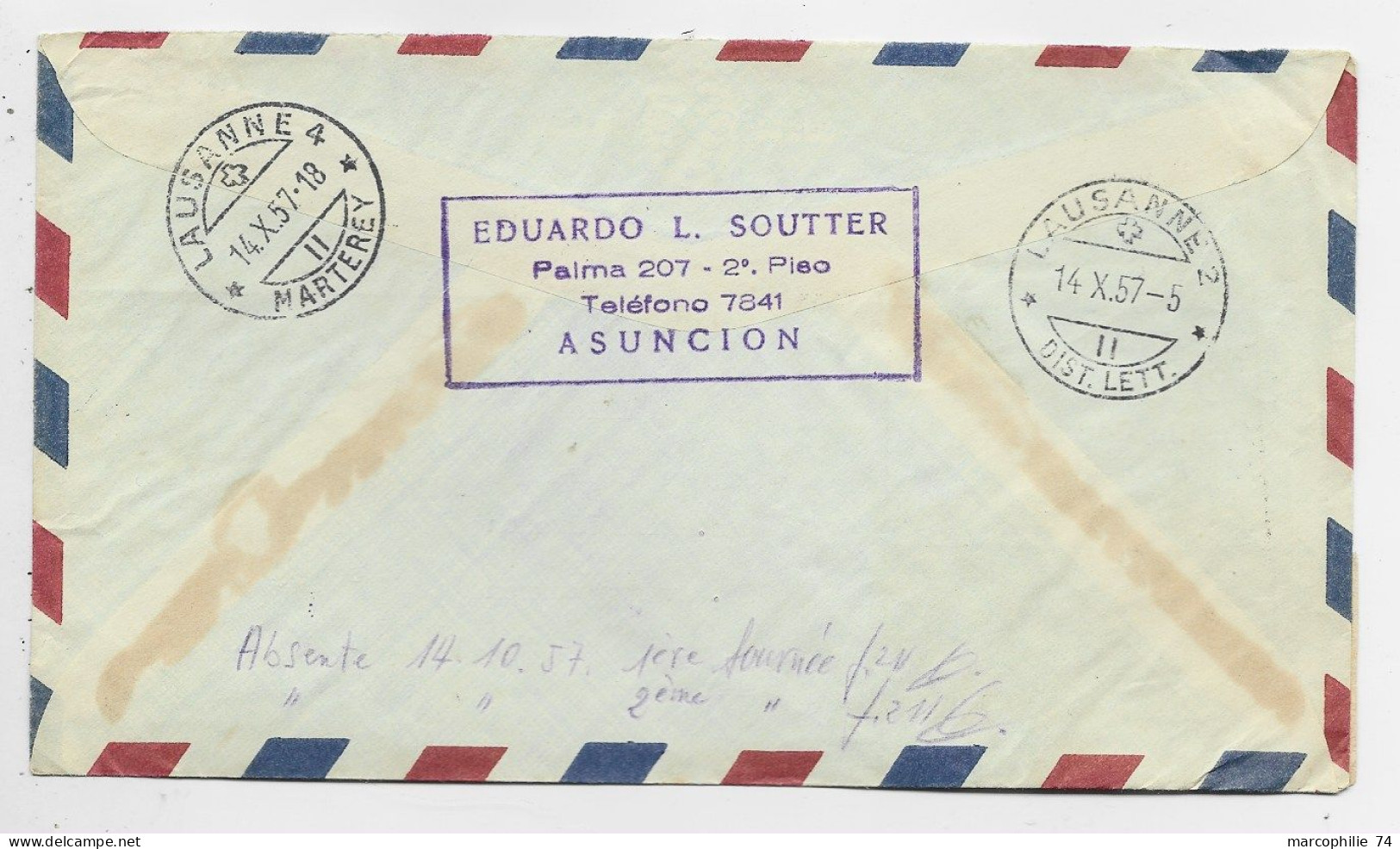 PARAGUAY DIVERS LETTRE COVER REC AVION ASUNCION 1957 TO SUISSE - Paraguay