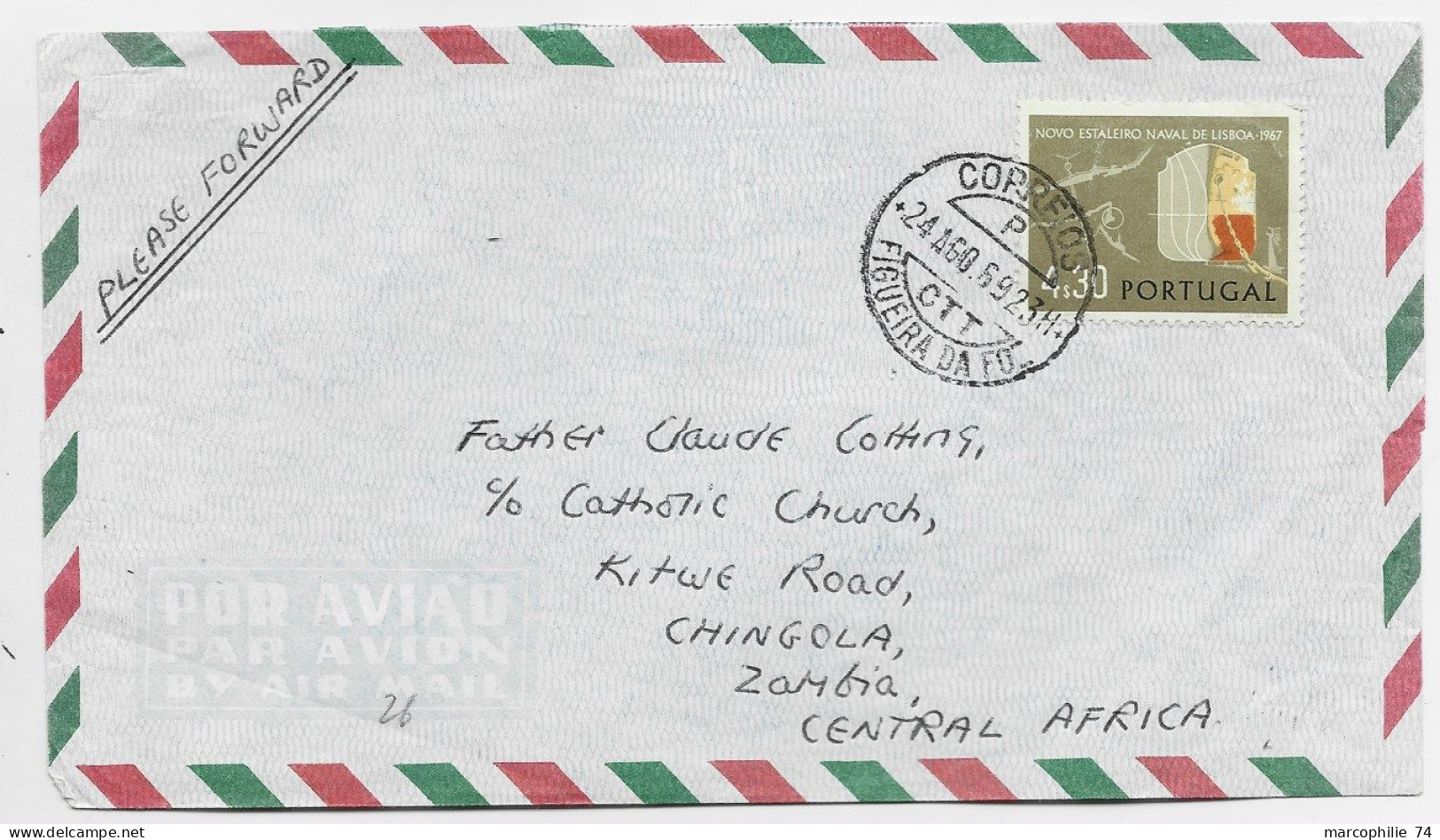 PORTUGAL 4$30 SOLO LETTRE COVER AVION FIGUIERA 1969 TO CHINGOLA ZAMBIA AFRICA - Lettres & Documents