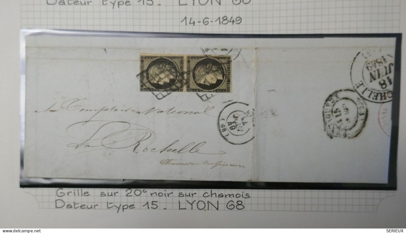 DM 16 FRANCE BELLE LETTRE RARE  14 6 1849 PAIRE DE N°3b  SUR CHAMOIS +LYON A LA ROCHELLE +VU BEHR .DISPERSION COLLECTION - 1849-1876: Période Classique