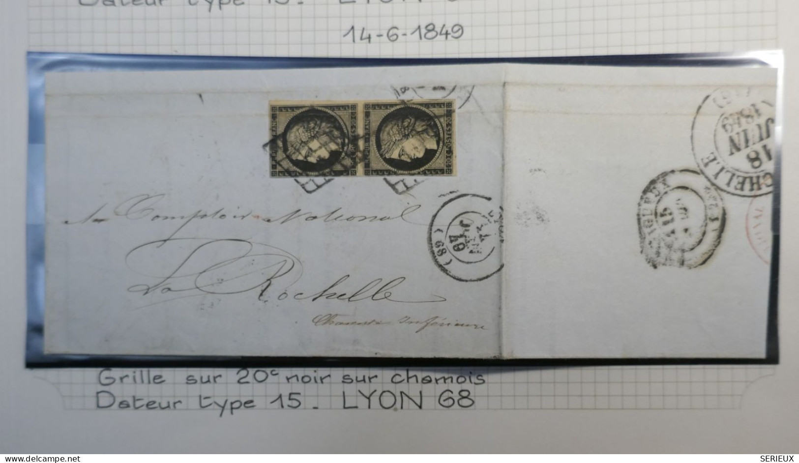 DM 16 FRANCE BELLE LETTRE RARE  14 6 1849 PAIRE DE N°3b  SUR CHAMOIS +LYON A LA ROCHELLE +VU BEHR .DISPERSION COLLECTION - 1849-1876: Periodo Clásico