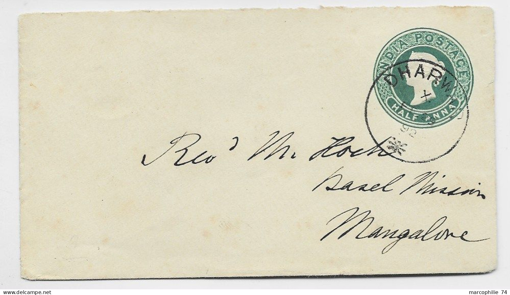 INDIA HALF PENNY ENTIER SMALL COVER DHARWAR 1892 TO MANGALORE - 1882-1901 Keizerrijk