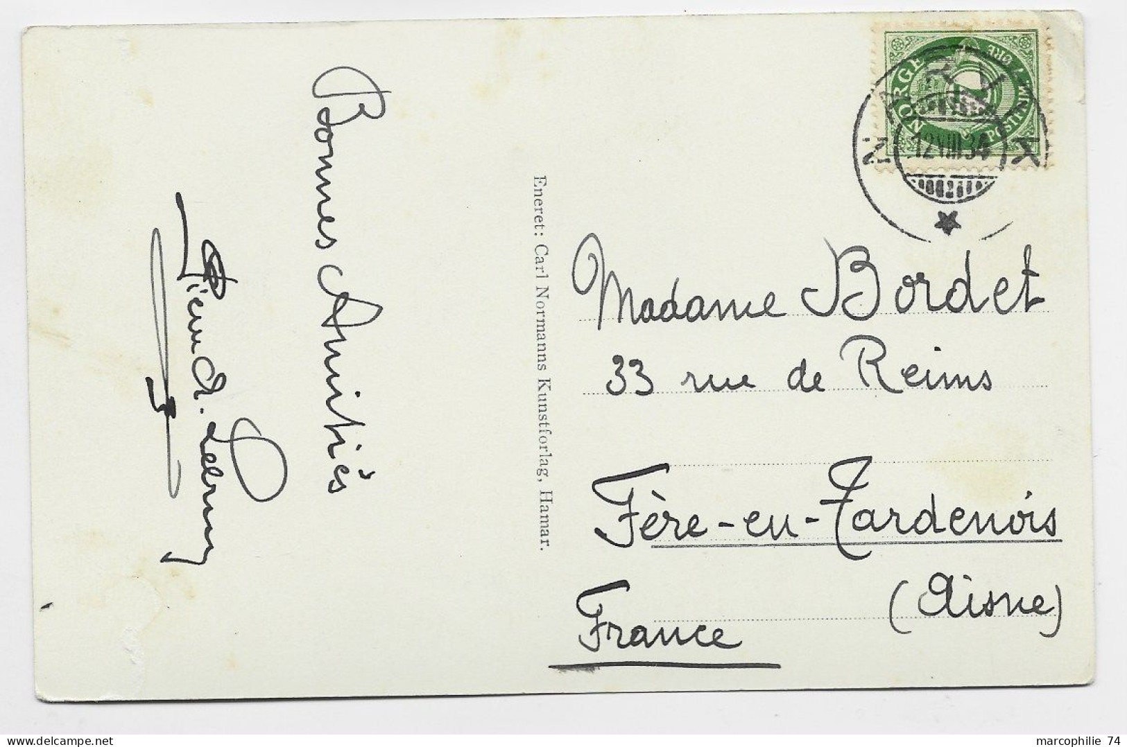 NORGE NORWAY 7 ORE NARVIK 12.VIII.1934 CARTE CARD FRA FJELLET TO FRANCE - Briefe U. Dokumente