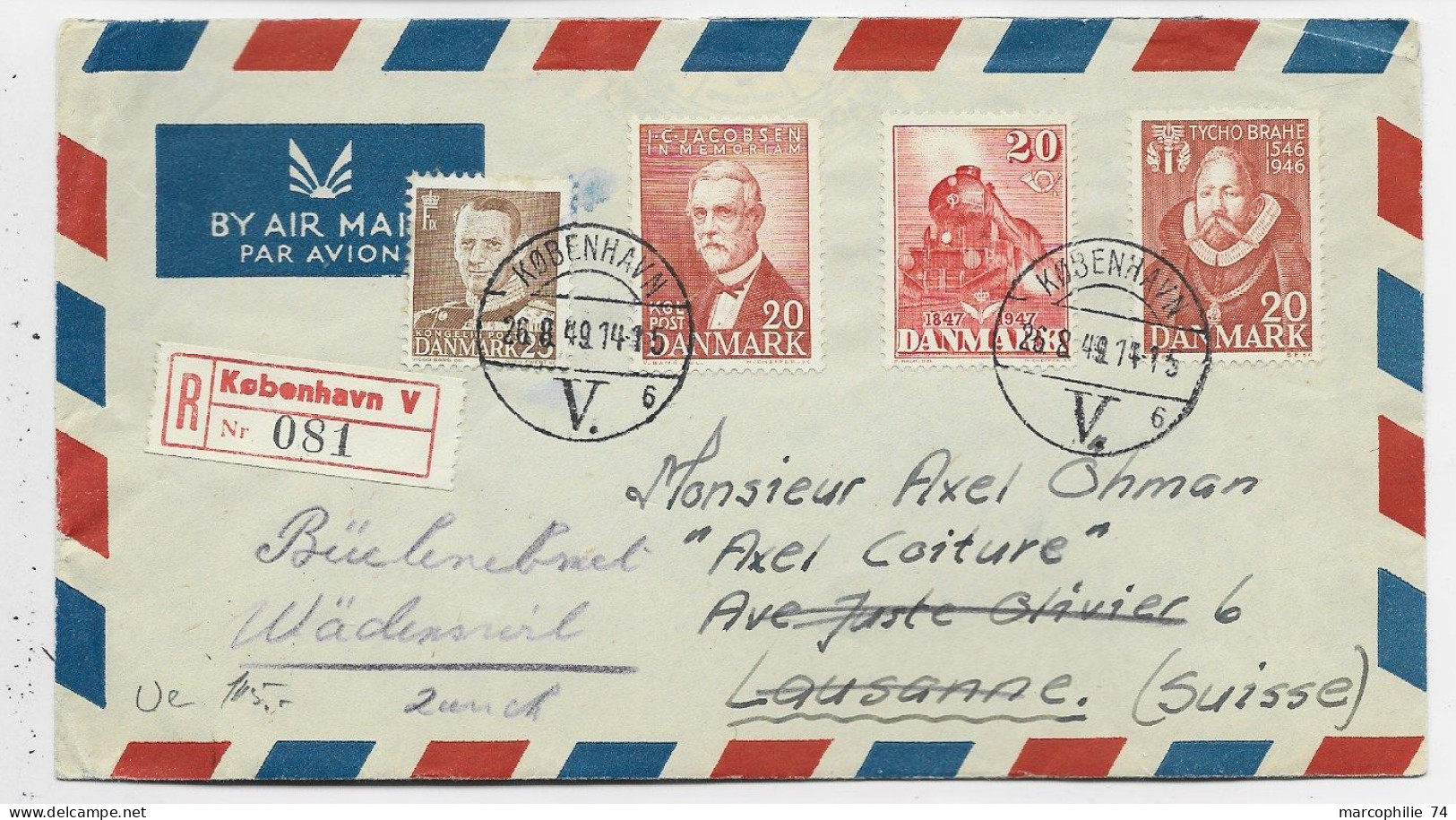 DANMARK RAILWAY TRAIN 20C+ DIVERS LETTRE COVER REC AVION KOBENHAVN 26.8.1949  TO SUISSE - Cartas & Documentos