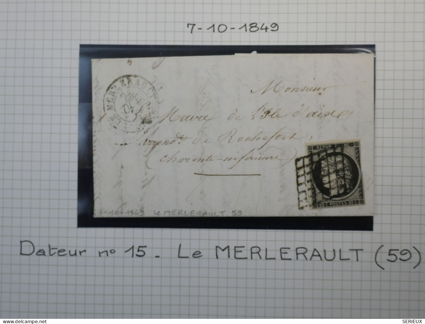 DM 16 FRANCE BELLE LETTRE RARE  1849 PETIT BUREAU   MERLERAULT A ROCHEFORT +CERES N°3 + VU BEHR .DISPERSION COLLECTION++ - 1849-1876: Klassieke Periode