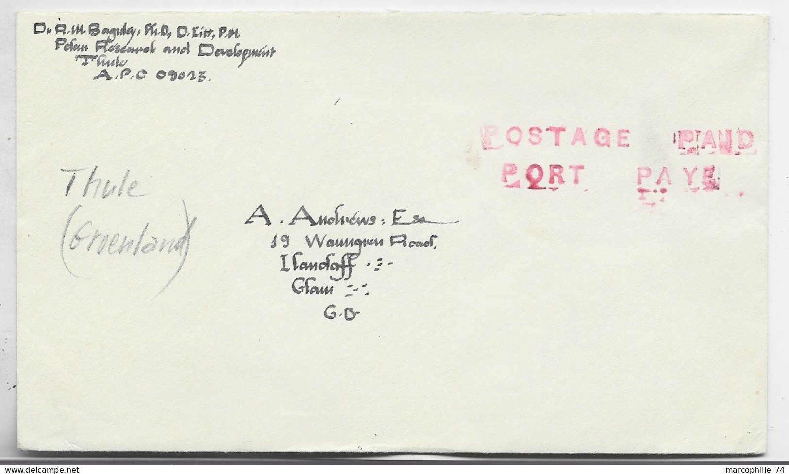 GROENLAND LETTRE COVER THULE APO POSTAGE PAID PORT PAYE TO GLAM - Cartas & Documentos