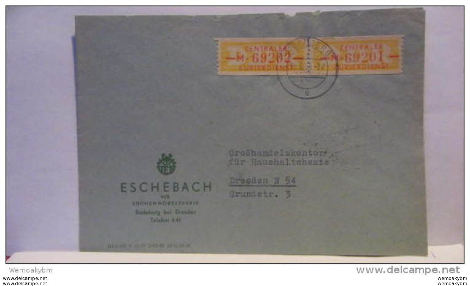 Dienst/ZKD: Fern-Bf ZKD-Streifen Gelb/rot Im Waager. Paar Nr.=M 69201/2= Abs: VEB Eschebach Vom 31.3.58 Knr: 16 M - Cartas & Documentos
