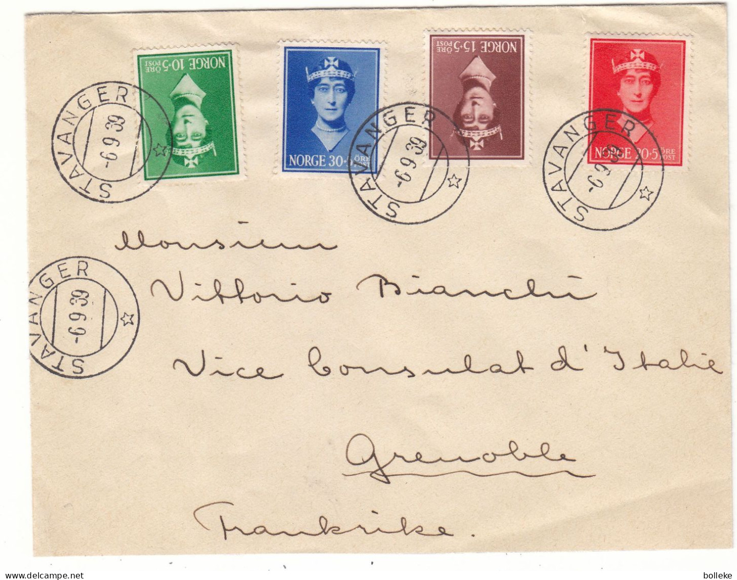 Norvège - Lettre De 1939 - Oblit Stavanger - Exp Vers Grenoble - Valeur 61 € ( 30 + 31 ) En ......2005 - Lettres & Documents