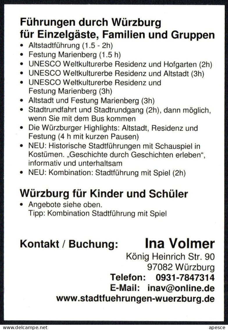 GERMANY WURZBURG 2017 - INA VOLMER - CITY TOURS BY WÜRZBURG - PROMOCARD - I - Monumenti
