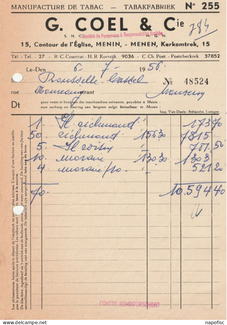 104-G.Coel & Cie..... Manufacture De Tabac-Tabakfabriek....Menin-Menen....Belgique-Belgie..1956 - Andere & Zonder Classificatie