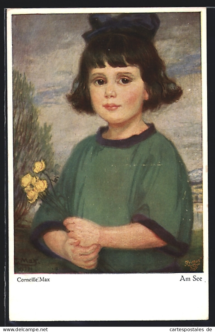 Künstler-AK Corneille Max: Am See, Portrait Eines Kleinen Mädchens Mit Gelben Rosen Am Seeufer  - Corneille, Max