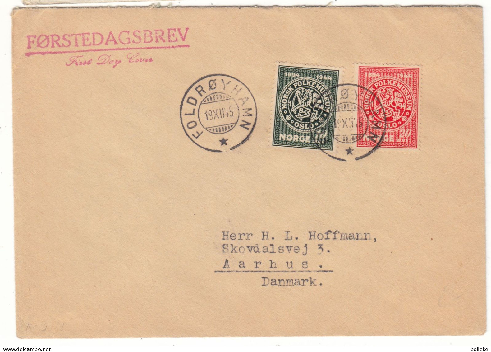 Norvège - Lettre FDC De 1945 - Oblit Foldroyhamn - Exp Vers Aarhus - Valeur 25 Euros - - Storia Postale