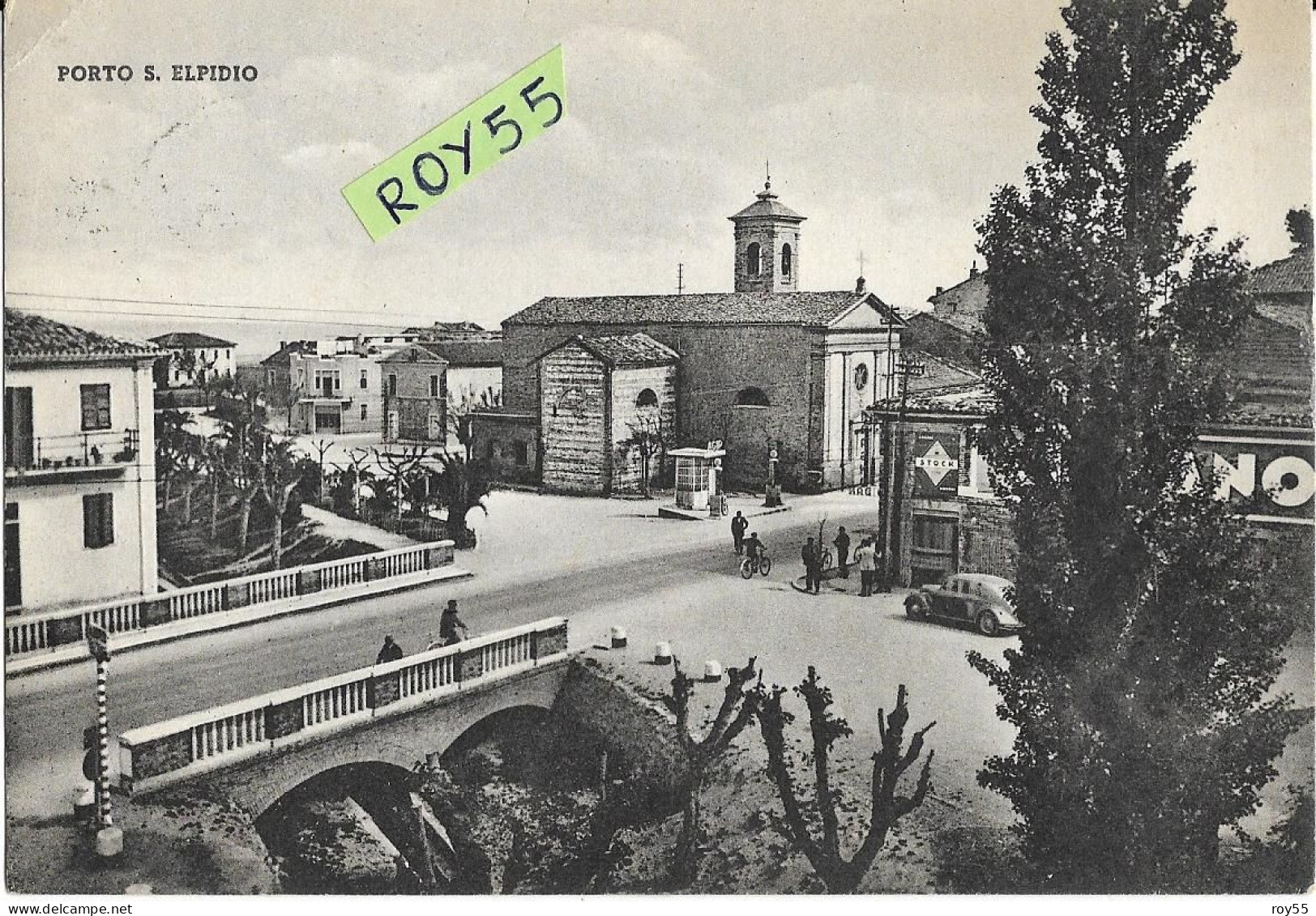 Marche-ascoli Piceno-porto S.elpidio Veduta Crocevia Ponte Case Chiesa Benzinaio Persone Auto Epoca Anni 50 - Andere & Zonder Classificatie