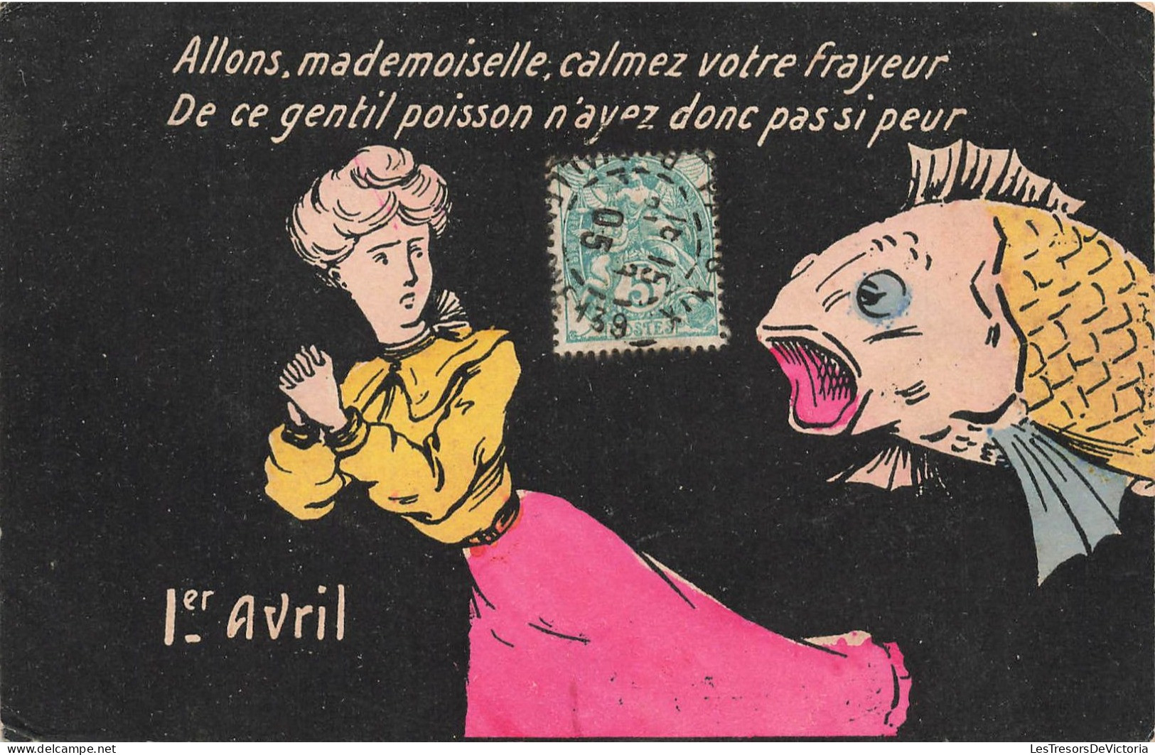 FETES - VOEUX - 1er Avril - Allons Mademoiselle Calmez Votre Frayeur - Femme Et Poisson - Carte Postale Ancienne - 1er Avril - Poisson D'avril